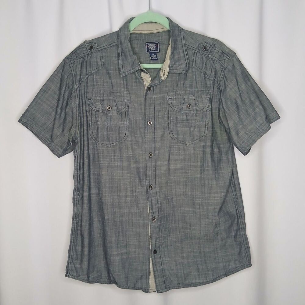 Black Jack Denim Shirt Button Front Short Slve Lghtwt Pockets Dark Wash Mens XL
